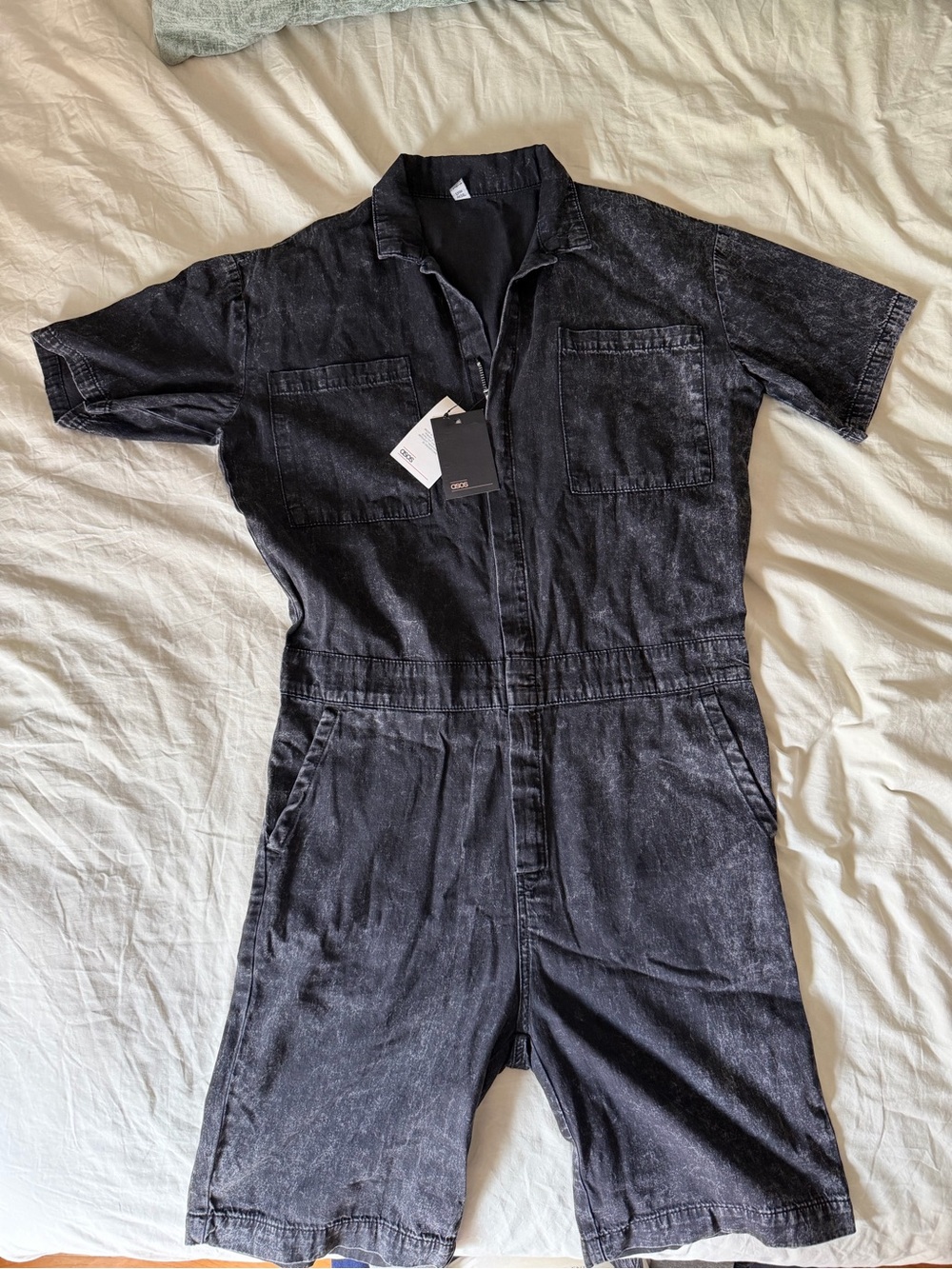 ASOS Black Washed Denim Short Sleeve Jumpsuit